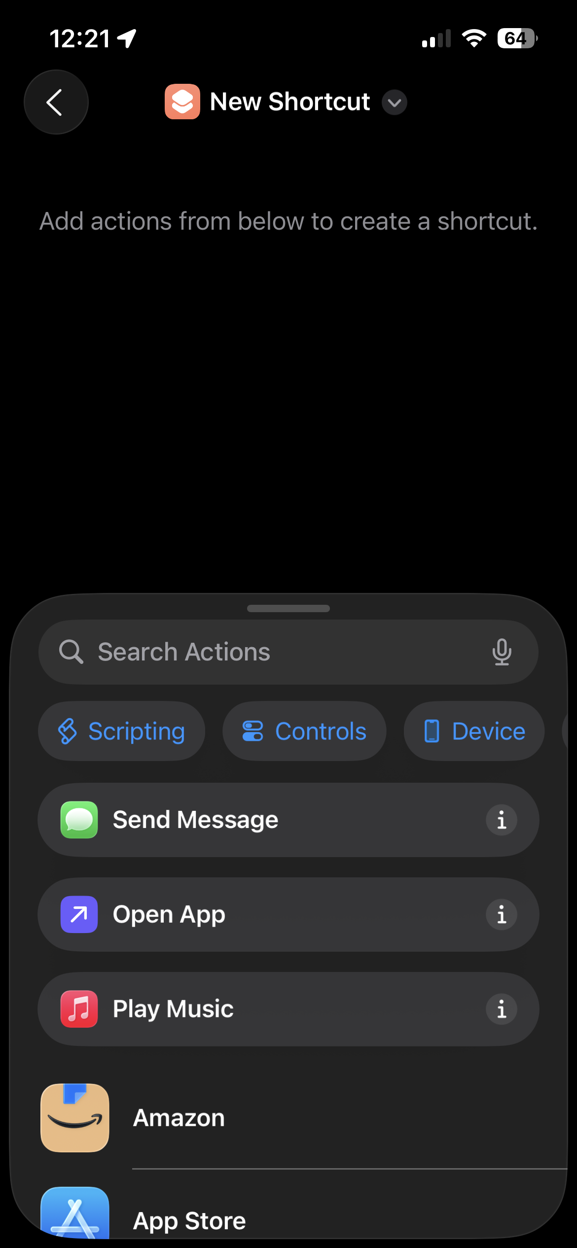 New Shortcut screen